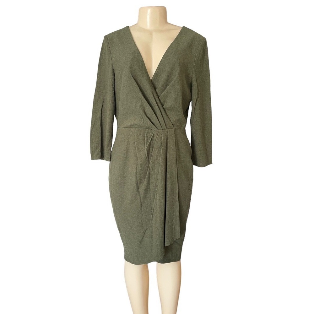 Kay Unger NY Olive Green Wool Pleated Long Sleeve V-Neck Knee Length Dress 12